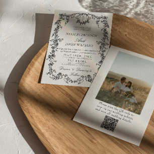 Florale Schwarz-Weiß-QR-Code-Foto-Hochzeit Einladung