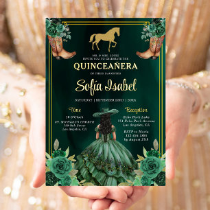 Florale Smaragdgrüne Goldstiefel Pferd Quinceanera Folieneinladung