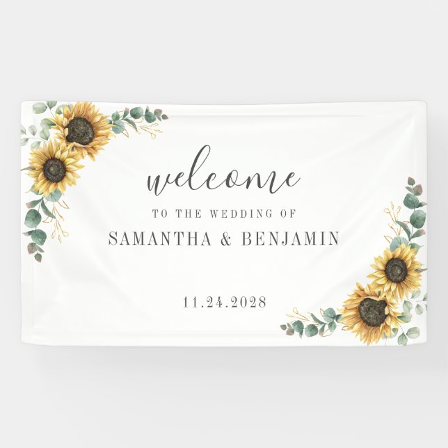 Florale Sonnenblumen Eukalyptus Schrift Hochzeit Banner (Horizontal)