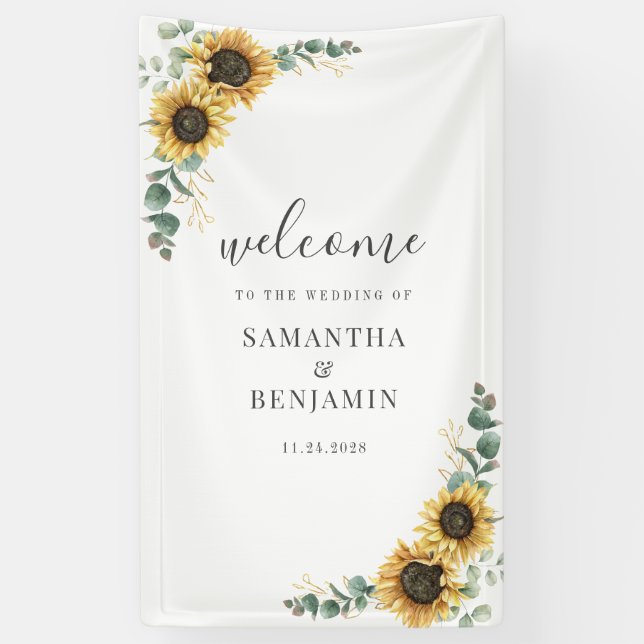 Florale Sonnenblumen Eukalyptus Schrift Hochzeit Banner (Vertikal)