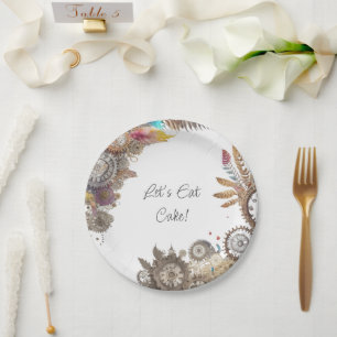 Florale Steampunk-Hochzeit Datum und Namen Pappteller