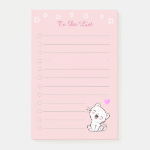 Florale To-Do-Liste und süße weiße Kätzchen auf Ro Post-it Klebezettel