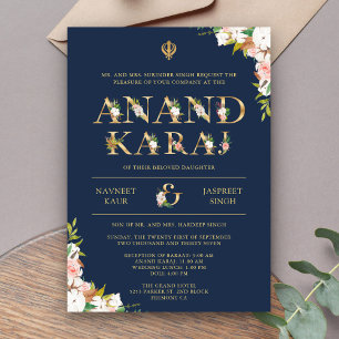 Florale Typografie Navy Anand Karaj Sikh-Hochzeit Einladung