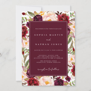 Florale üppige Burgundergrün-Aquarell-Hochzeit Einladung