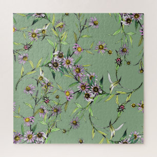 Florale Wasserfarbe: Grünes, nahtloses Muster Puzzle