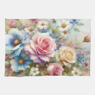 Florale Wasserfarbe in sanften Pastellfarben Geschirrtuch