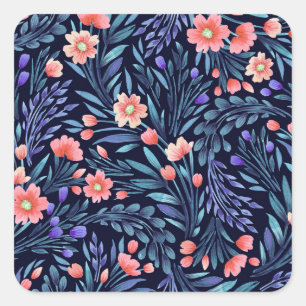 Florale Wasserfarbe, nahtloses Muster, Stoffdesign Quadratischer Aufkleber