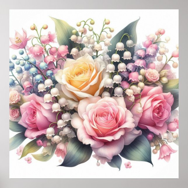 Florale Wasserfarbe von Rose, Lilien des Tales Poster (Vorne)
