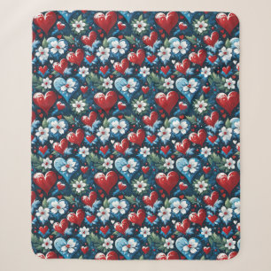 Florale Weihnachtsherzen in Rot, Blau und Grün Sherpadecke
