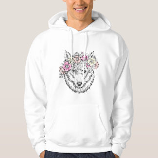 Florale Wolf-Linienkunst – Boho-Wildtier mit Blume Hoodie