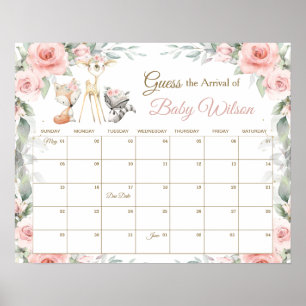 Florale Woodland-Tiere raten Baby's Due Date Game Poster