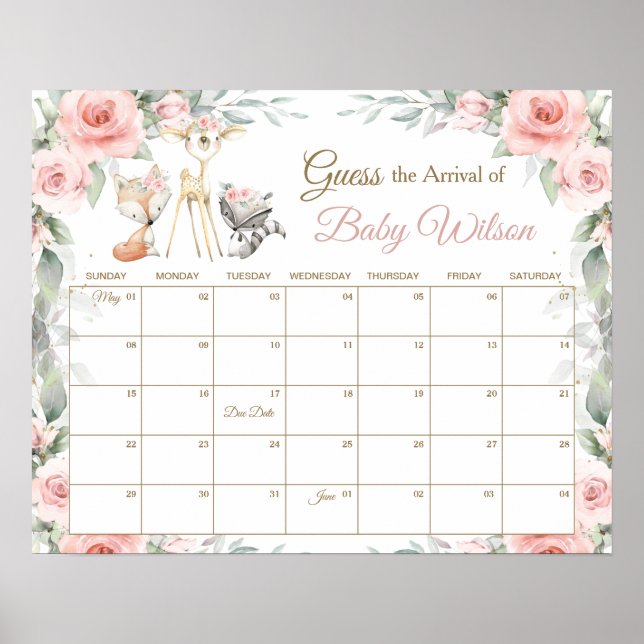 Florale Woodland-Tiere raten Baby's Due Date Game Poster (Vorne)