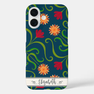 Floraler Damast Sonnenblume Boho Navy Blau Volk iPhone 16 Hülle