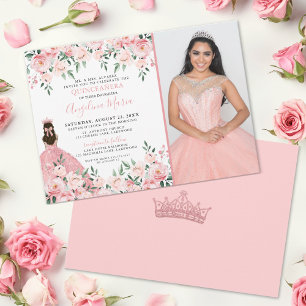 Floraler Foto-Rouge Quinceanera in Rosa Einladung
