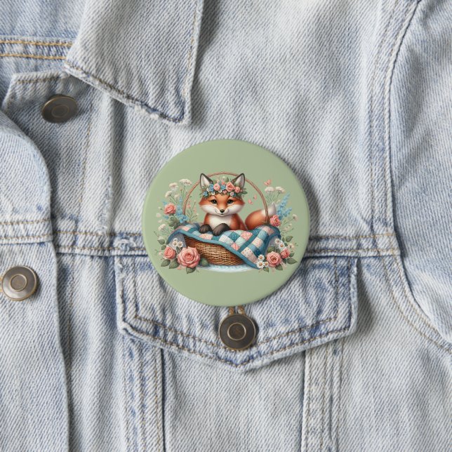 Floraler Fuchs im Korb mit Quilt und Blumen Button (Beispiel)
