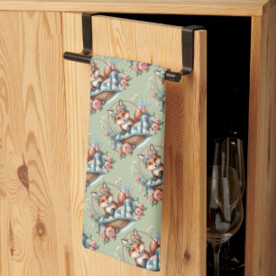 Floraler Fuchs im Korb mit Quilt und Blumen Geschirrtuch