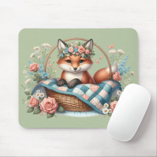 Floraler Fuchs im Korb mit Quilt und Blumen Mousepad