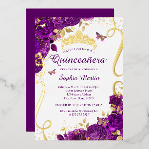 Floraler Schmetterling Elegant Lila Quinceanera  Folieneinladung