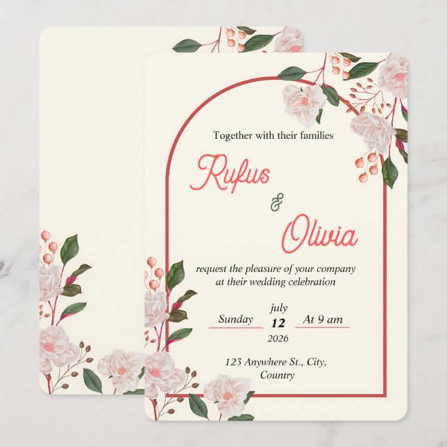 Floraler Torbogen - bearbeitbare Hochzeitseinladun Einladung (Vorne/Hinten)