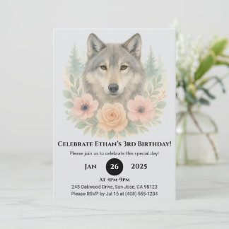 Floraler Wald Wolf Geburtstag Einladung