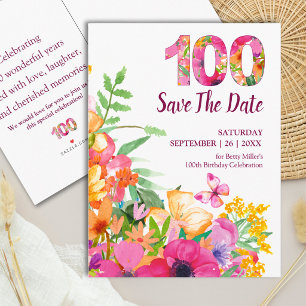 Florales 100. Geburtstags-Save-the-Date-Schmetterl Ankündigungspostkarte