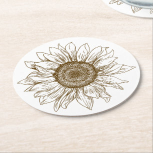 Florales an Sonnenblume Braune Blume Landhochzeit Runder Pappuntersetzer