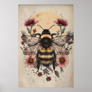 Florales Bienen-Sonnen-Print, Retro-Botanik-Kunst  Poster