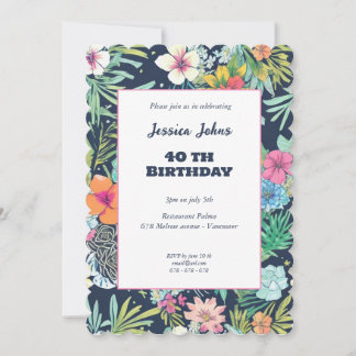 Florales Blau Kaktus Grün 40. Einladung