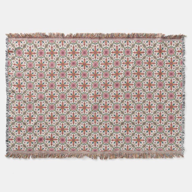 Florales Boho-Muster in Rot, Pink & Türkis Decke (Vorderseite)