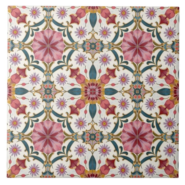 Florales Boho-Muster in Rot, Pink & Türkis Fliese (Vorderseite)