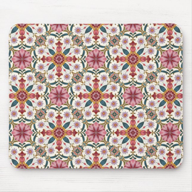 Florales Boho-Muster in Rot, Pink & Türkis Mousepad (Vorne)
