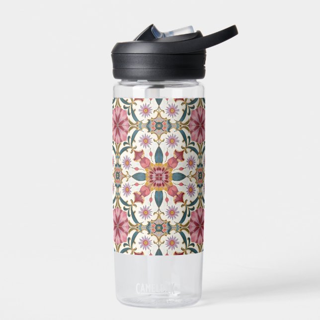Florales Boho-Muster in Rot, Pink & Türkis Trinkflasche (Links)