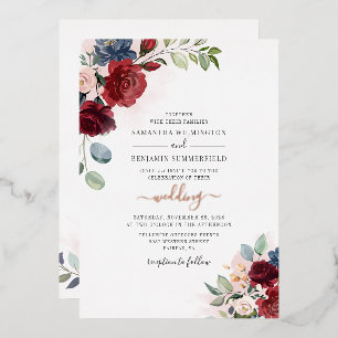 Florales Bordeaux Botanisches Skript Hochzeit Rosé Folieneinladung