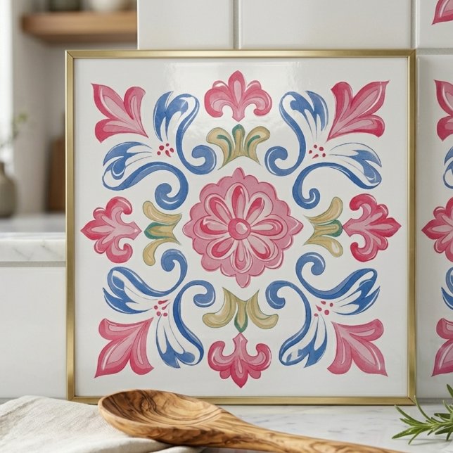 Florales Botanisches Rosa Blau Grün Fliese (Floral Botanical Pink Blue Green Ceramic Tile)