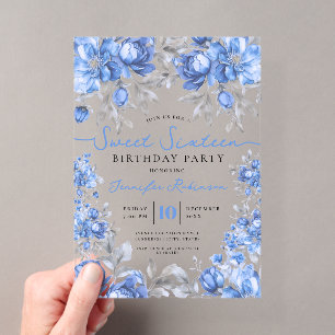 Florales Bouquet Sweet 16 Geburtstagsfeier Blau Acryleinladungen