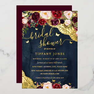 Florales Burgund Navy Gold-Spitze Braut-Dusch- Folieneinladung