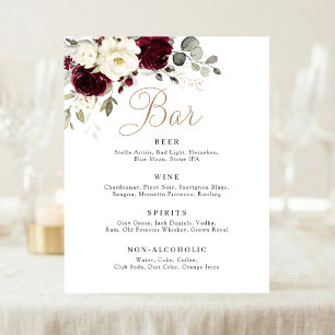 Florales Burgunder-Merlot-Grün-Hochzeitsbar-Schild Poster