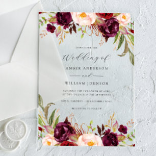 Florales Burgunder-Rosa-Blüten-Hochzeit   Acryleinladungen