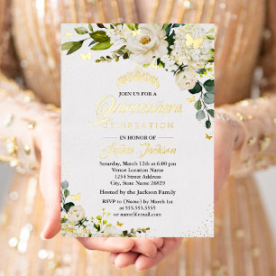 Florales Champagner-Gold-Watercolor-Quinceanera Folieneinladung