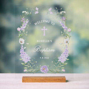 Florales Flieder-Rahmen Taufwillkommen Acrylschild