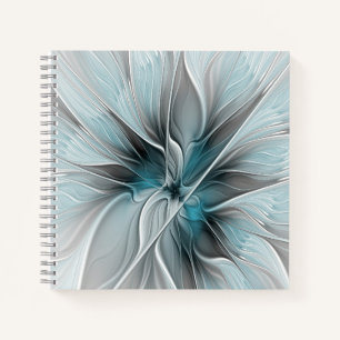 Florales Fraktal Modernes Abstract Blumen Blau Gra Notizbuch
