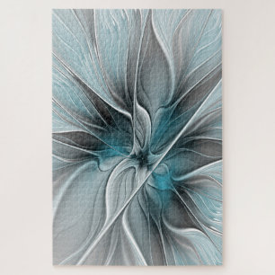 Florales Fraktal Modernes Abstractes Blumen Blau G Puzzle
