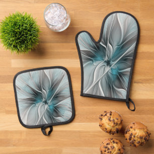 Florales Fraktal Modernes Abstraktes Blumen Blau G Ofenhandschuh & Topflappen-Set