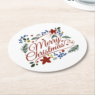 Florales Frohe Weihnachten   Runder Pappuntersetzer
