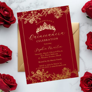 Florales Gold Rot Vintage Quinceanera Folieneinladung