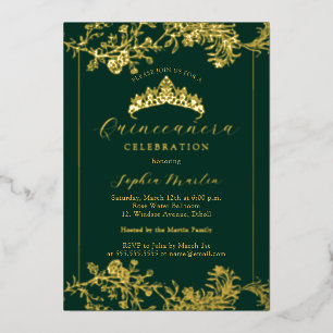 Florales Gold Smaragd Vintage Quinceanera Folieneinladung