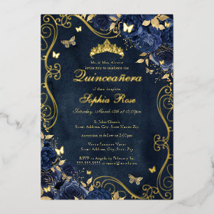 Florales Gold Swirl Schmetterling Navy Quinceanera Folieneinladung