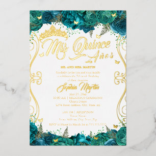Florales Gold Türkis Rollen Mis Quince Quinceanera Folieneinladung