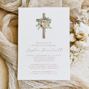 Florales Grünzeug Elfenbein-Rose-Gold-Kreuz Mädche Einladung