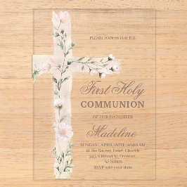 florales Heiliges Kreuz Erstkommunion Acryleinladungen